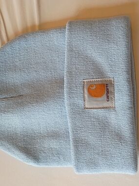 Carhartt Women's Pale Blue Ribbed Cuffed Beanie with Orange Logo